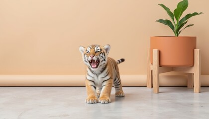 Baby tiger roaring near indoor plant in minimalistic room  