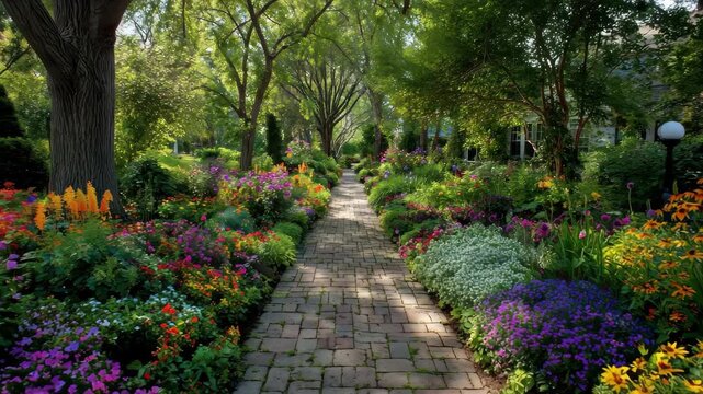 Vibrant garden path surrounded by colorful flowers and greenery creates a serene escape for visitors seeking nature's beauty