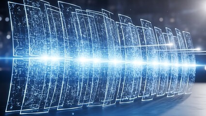 Abstract blue technology screens with glowing lines and light streaks in a dark environment