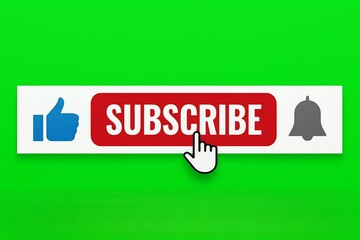 Animated youtube subscribe button with like and notification bell icons on a green screen background