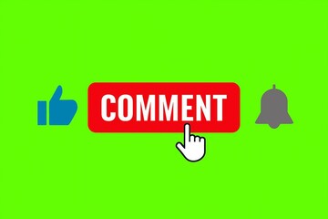 Animated social media like comment and subscribe buttons with a cursor on a green screen background