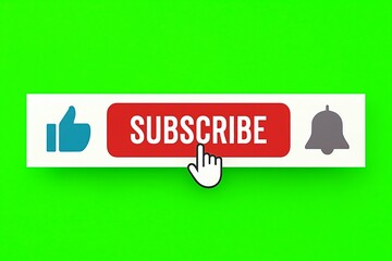 Animated youtube subscribe button with like and bell notification icons on a green screen background for easy editing