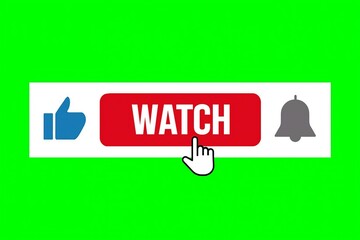 Animated green screen video with a watch button like icon and notification bell for social media content creation