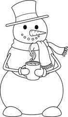Cute Snowman Drinking Hot Cocoa Coloring Page – Winter Holiday Snowman Illustration, Simple Line Art Christmas Character for Kids, Printable Festive Coloring Sheet