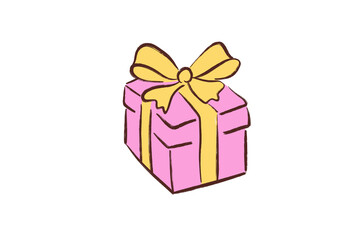 Christmas Hand-drawn clipart pink gift box with yellow ribbon and bow isolated on transparent background