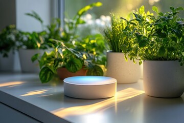 Smart home device glowing blue on a shelf among lush green potted plants, illuminated by warm sunlight streaming indoors.