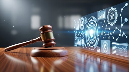 A gavel resting on a wooden surface with digital interface elements in the background displayed clearly