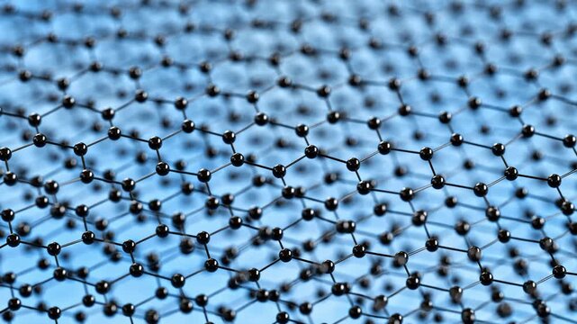 Layers of Graphene honeycomb lattice made from Carbon atoms falling into place. Graphene is exceptionally strong, has very good conductivity and is used in semiconductors, composites and batteries
