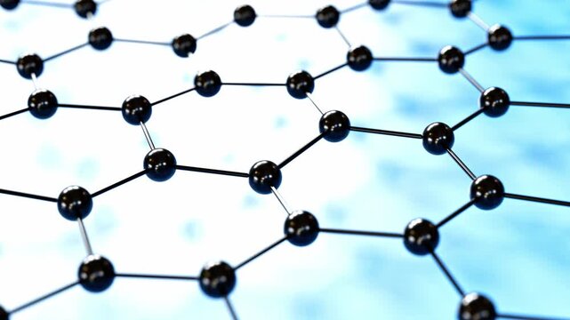 Zoom into a layer of Graphene honeycomb lattice from Carbon atoms. Graphene is exceptionally strong, has a very good conductivity. Used for modern applications in semiconductors, composites, batteries