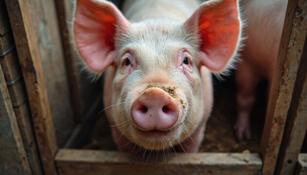 Young pink pig with dirty snout in wooden pen on farm. Close-up of pig face looking directly at camera. Breeder pig in cage with mud on nose.