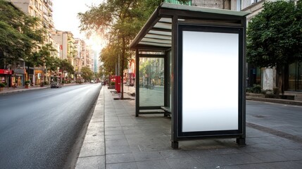 Blank advertising billboard at a modern bus stop on a sunny urban street, perfect for marketing mockups and outdoor promotions