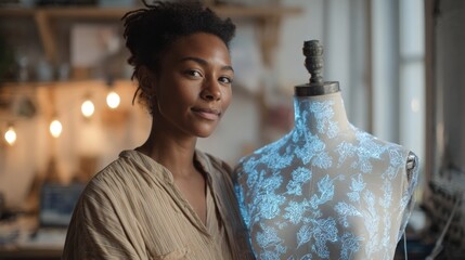 Young woman standing in front of a mannequin in a workshop. she is wearing a beige blouse with a floral pattern and has her hair styled in an updo.