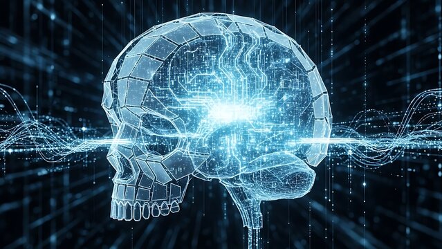 Digital brain and skull with glowing circuitry and data streams in a futuristic design concept - Powered by Adobe
