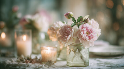 Delicate floral arrangement featuring pink peonies, ideal for romantic settings and events like Valentine's Day.