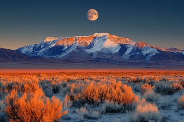 A majestic full moon hangs above snow-capped mountains bathed in golden light, overlooking a vast, brush-covered plain.