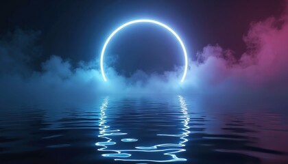 Fototapeta premium Abstract neon ring hovers over water surface. Blue and pink smoke clouds drift around glowing circle. Water reflects bright light. Dark night atmosphere.