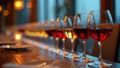 Wine glasses filled with red and white wine on a wooden dining table. Glasses are arranged in a row in a restaurant or winery setting. Wine tasting setup is elegant and sophisticated.