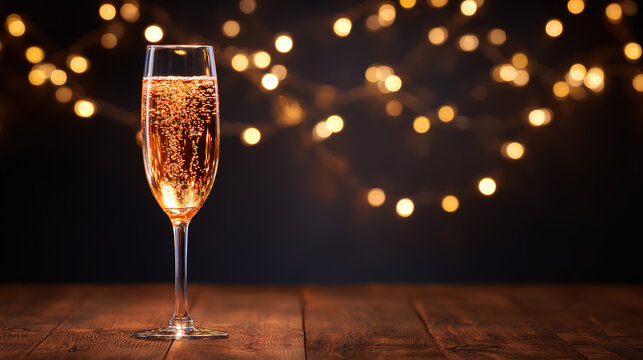 Golden champagne flute with bubbling drink, sparkling lights; celebration and luxury in a festive moment.
