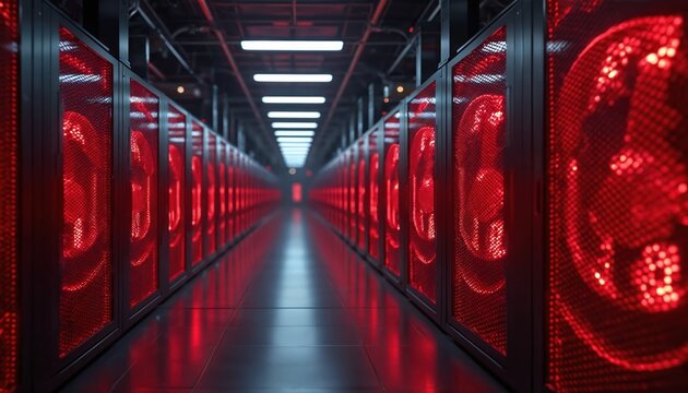 Rows of computer servers line dark industrial corridor. Red glowing lights show tech equipment working inside modern data center. Powerful machines process, store massive digital info for global - Powered by Adobe