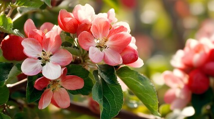 Fototapeta premium Close up view of pink apple blossoms with green leaves