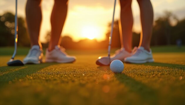 Man and woman play golf on grass field at sunset golden hour. Couple with clubs and ball near hole on green course. Active pastime outdoors. - Powered by Adobe