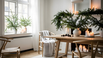 Obraz premium Bright Modern Dining Area with Simple Christmas Greenery