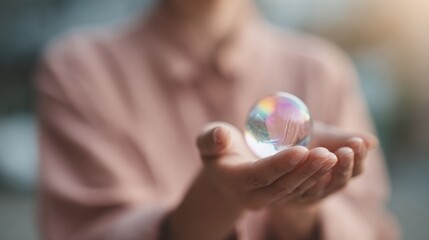 Close-up of a person's hands holding a soap bubble. the person is wearing a pink blouse and the background is blurred, making the focus of the image the person and the soap bubble the focal point.