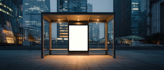 Modern glass bus stop with a blank digital advertising screen in a futuristic city at twilight, surrounded by illuminated skyscrapers and urban architecture, perfect for advertising mockups.
