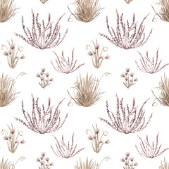 A seamless pattern with bouquets of pink flowers and steppe herbs. Watercolor illustration for packaging design, flower shop decor, eco-projects, travel agency websites, and corporate identity.