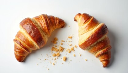 Two golden brown croissants on white background. Flaky pastry baked to perfection. Crumbs scattered around. Freshly baked French breakfast pastries.