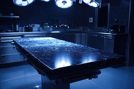 A chillingly sterile examination table, wet and gleaming under cold blue lights in a dimly lit forensic environment.