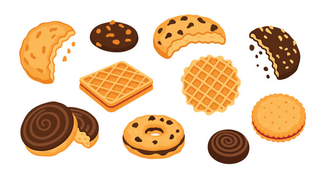Assortment of delicious cartoon cookies and biscuits, including chocolate chip, wafers, and swirled designs, some with bites taken out.