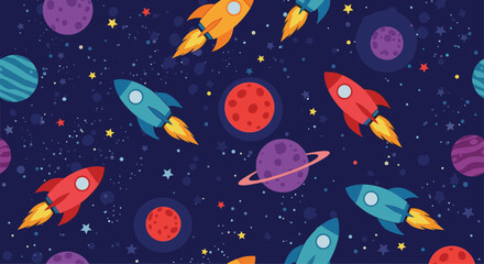 Fun and colorful seamless space pattern with cartoon rockets, planets, and stars, perfect for kids' room decor or fabric designs.