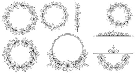 Obraz premium Elaborate collection of hand-sketched laurel wreaths, floral frames, and decorative dividers in a detailed vintage black and white style.