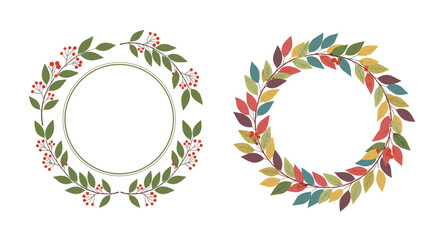 Obraz premium Set of two beautiful decorative wreaths, one with autumn-colored leaves and another with green foliage and red berries, for framing.