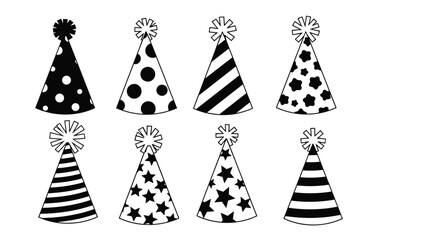 Collection of eight black and white party hats with various fun patterns like polka dots, stripes, and stars for coloring or design.