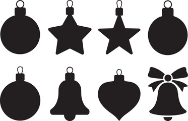 Collection of eight black silhouette christmas ornaments including baubles stars bells and a bow on a white background