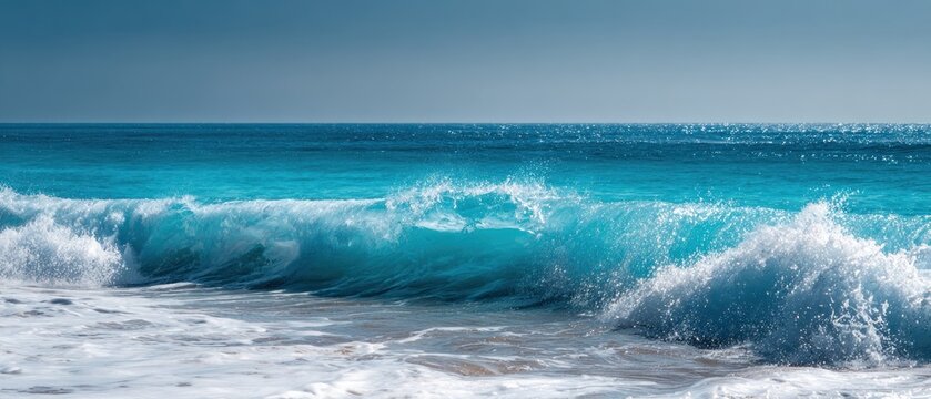 Majestic turquoise and blue ocean wave breaking with white foam and spray on a sandy beach under a clear sky, capturing the raw power and beauty of the sea. - Powered by Adobe