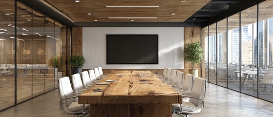 Modern executive conference room with large wooden table, white chairs, glass walls, and city view