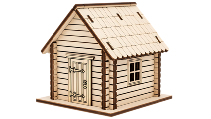 Small wooden toy house with detailed design isolated on transparent background