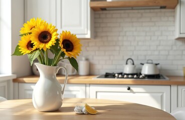 Sunflowers in white vase on kitchen table. Modern scandinavian style kitchen with white cabinets, wooden countertops, brick wall. Gas stove with white kettles, sink, window with natural light.