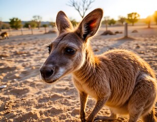 Fototapeta premium Close-Up Portrait of a Curious Kangaroo in a Desert Landscape During Sunset in Australia