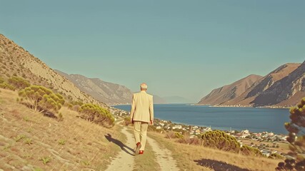 Man in suit walking on path towards water and mountains