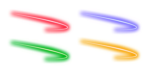 Four abstract glowing light streaks in red, purple, green, and orange against a transparent background