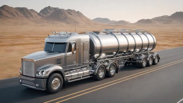 Modern Silver Tanker Truck Driving on Desert Road with Hills in Background Under Clear Blue Sky 4k video footage