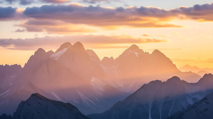 Majestic mountain peaks bathed in golden sunset light