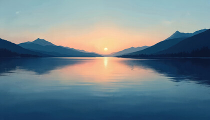 Fototapeta premium Silhouetted mountain range at sunset. Calm water surface reflects orange and yellow hues of sky. Mountains meet horizon, trees line shore. Peaceful landscape with lake, mountains and vibrant sky.