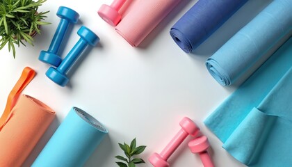 Assorted exercise gear including dumbbells yoga mats and resistance bands arranged neatly on clean white surface with plant accent. This fitness collection promotes active lifestyle and home workouts.