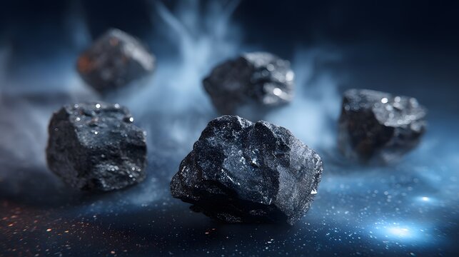 Obsidian fragments artfully arranged with mist in a blue ambience - Powered by Adobe