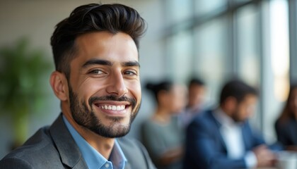 Fototapeta premium Young business man with beard smiles. He wears a blue shirt and grey suit. People in office blur behind him. He looks happy, friendly, and successful.
